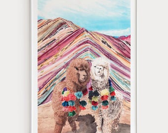 Impressão em aquarela da Montanha Arco-Íris Vinicunca, arte de parede do Peru, decoração peruana com alpacas, pintura de paisagem do Peru