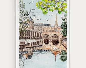 Bath Watercolor Print, England Wall Art, Bath Cityscape Painting, UK Souvenir Gift