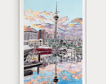 Auckland Watercolor Print, New Zealand Wall Art, Auckland Cityscape Painting, NZ Travel Decor