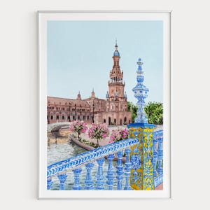 セビリアの水彩画、スペインの壁画、セビリアの街並みの絵画、スペイン広場、スペイン風の装飾