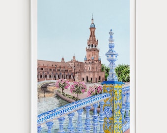Seville Watercolor Print, Spain Wall Art, Seville Cityscape Painting, Plaza De Espana, Spanish Decor