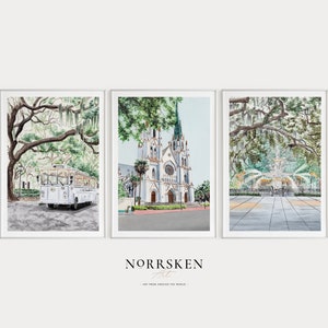 Savannah Print, 3er-Set, Georgia Wandkunst, Aquarell, Savannah Art, Savannah Stadtbild, Savannah Print, Reisegeschenk, USA-Druck