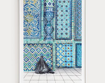 Mazar-i-Sharif Blue Mosque Watercolor Print, Afghanistan Wall Art, Balkh Cityscape Painting, Islamic Decor