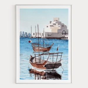 Impresión de acuarela de Doha, arte mural de Qatar, obra del Museo Islámico, pintura del paisaje urbano de Doha, decoración de Oriente Medio