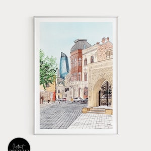 Bakú, Azerbaiyán, impresión artística de Bakú, paisaje urbano de Bakú, arte mural de Azerbaiyán, Bakú, impresión artística de Azerbaiyán, arte de Azerbaiyán, impresión de Azerbaiyán