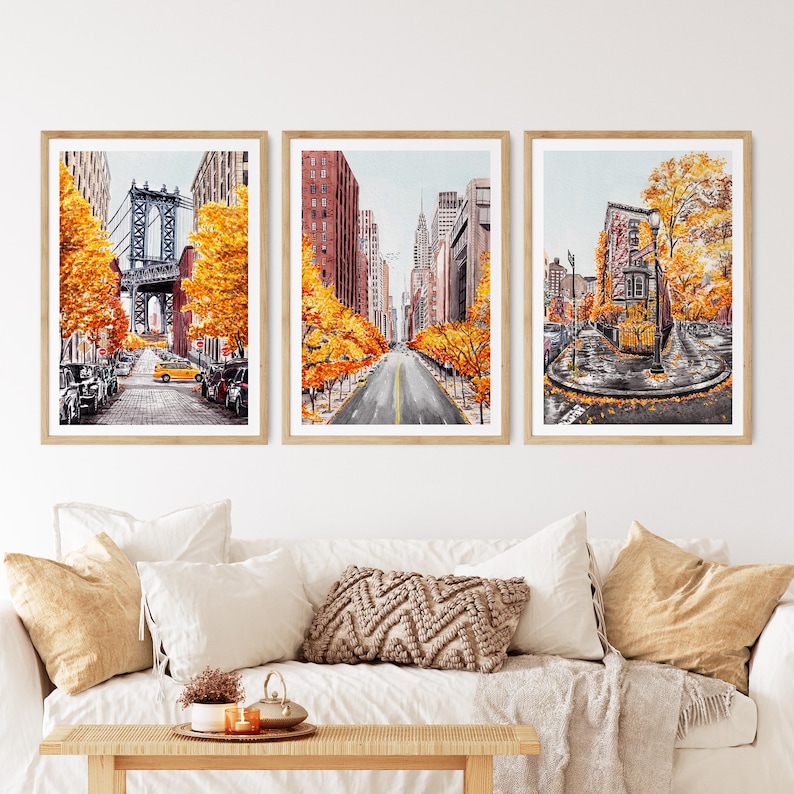 Láminas de acuarela de Nueva York, Arte mural de Nueva York, Decoración mural otoñal, Arte de Manhattan, Arte de la ciudad de Nueva York, Láminas de Nueva York, Láminas de viajes a Nueva York imagen 1