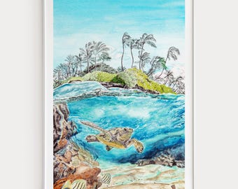 Impresión de acuarela de playa hawaiana, arte mural hawaiano, pintura de isla tropical, decoración de playa para el hogar