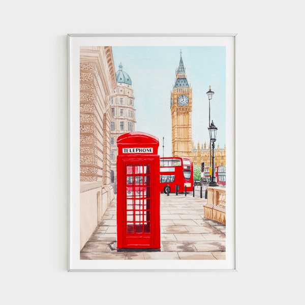 London Print, London Wall Art, Watercolor Print, Red Telephone Booth, UK Art, London Cityscape, London Art Print, Europe Print, Travel Gift