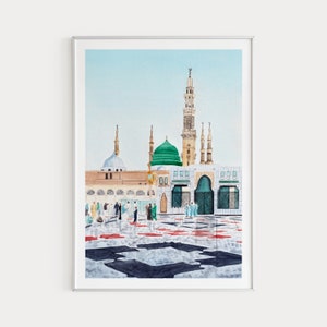 メディナ プリント サウジアラビア ウォールアート マスジド アンナバウィ 水彩画 メディナ 絵画 イスラム 壁装飾 中東 プリント 旅行 ギフト