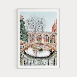 Cambridge Print, England Wall Art, Watercolor Painting, Cambridge Cityscape, UK Art, England Wall Decor, Europe Print, Travel Gift