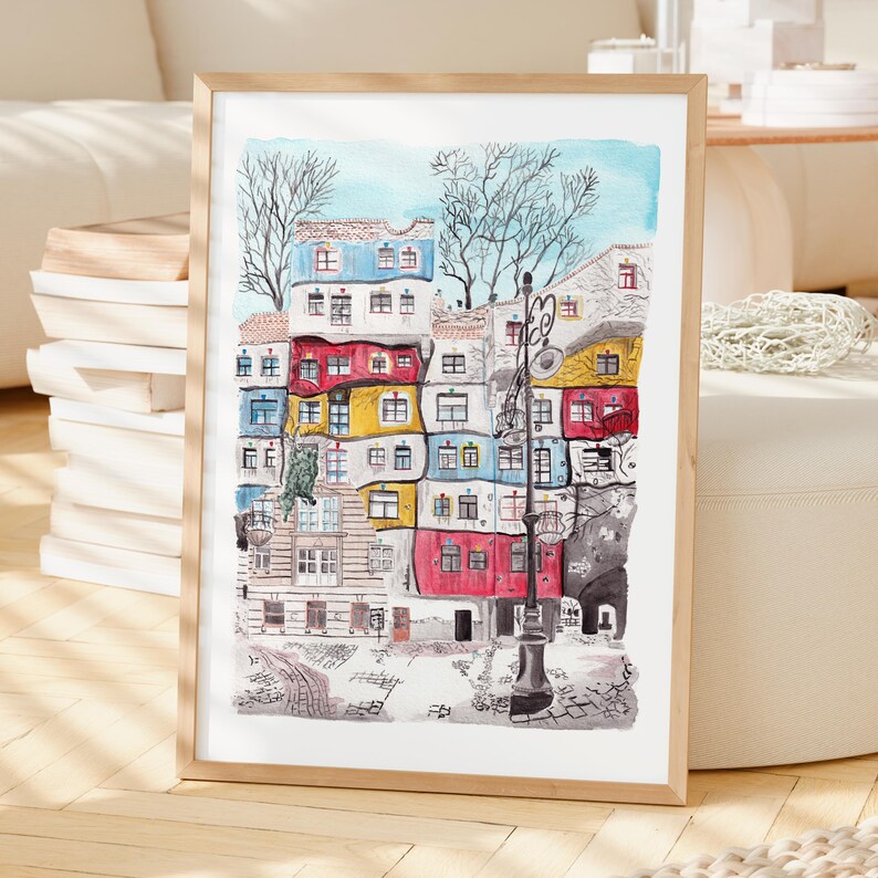 Wenen aquarel print, Oostenrijk kunst aan de muur, Wenen stadsgezicht schilderij, Oostenrijk decor afbeelding 2