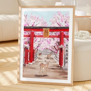 Impresión de acuarela de Nara, Japón, arte mural de primavera, pintura del paisaje urbano de Nara, paisaje de sakura, decoración japonesa imagen 2