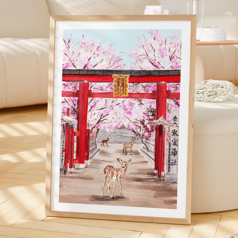 Impresión de acuarela de Nara, Japón, arte mural de primavera, pintura del paisaje urbano de Nara, paisaje de sakura, decoración japonesa imagen 2