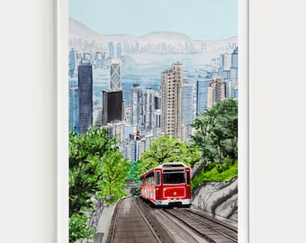 Impresión en acuarela del Pico Victoria, arte mural de Hong Kong, pintura del horizonte de Hong Kong, decoración asiática