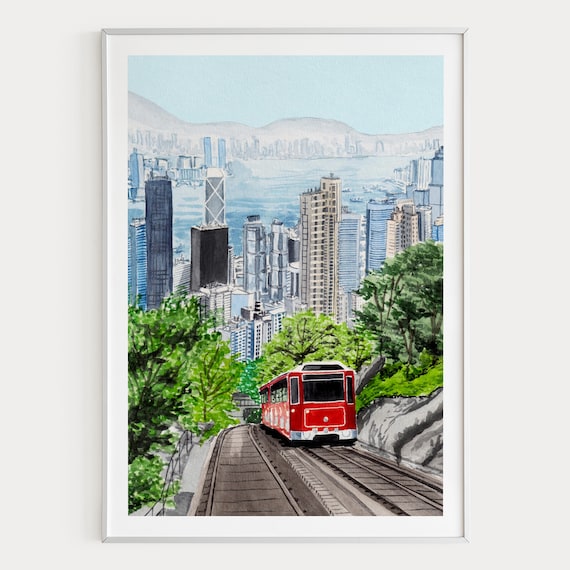 ビクトリアピークの水彩画、香港の壁画、香港のスカイラインの絵画 