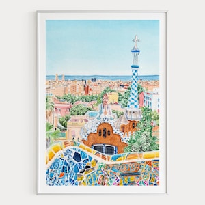 Aquarel Park Güell, kunst aan de muur Barcelona, decor Spanje, schilderij stadsgezicht Barcelona afbeelding 1