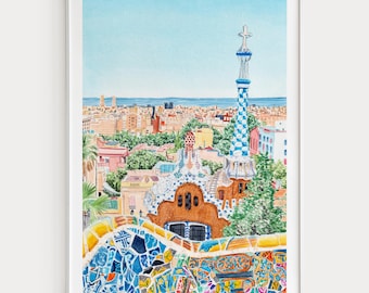 Park Guell Watercolor Print, Barcelona Wall Art, Spain Decor, Barcelona Cityscape Painting