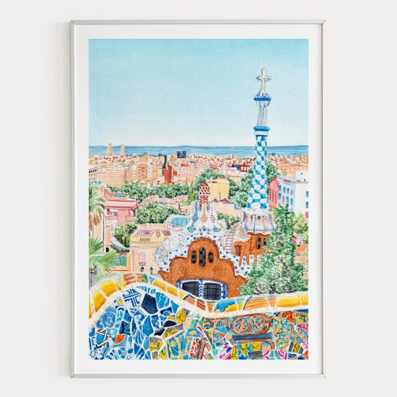 Park Guell Watercolor Print, Barcelona Wall Art, Spain Decor, Barcelona Cityscape Painting