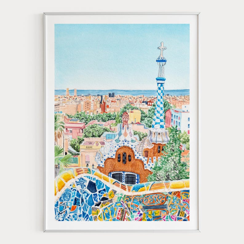 Aquarel Park Güell, kunst aan de muur Barcelona, decor Spanje, schilderij stadsgezicht Barcelona afbeelding 1