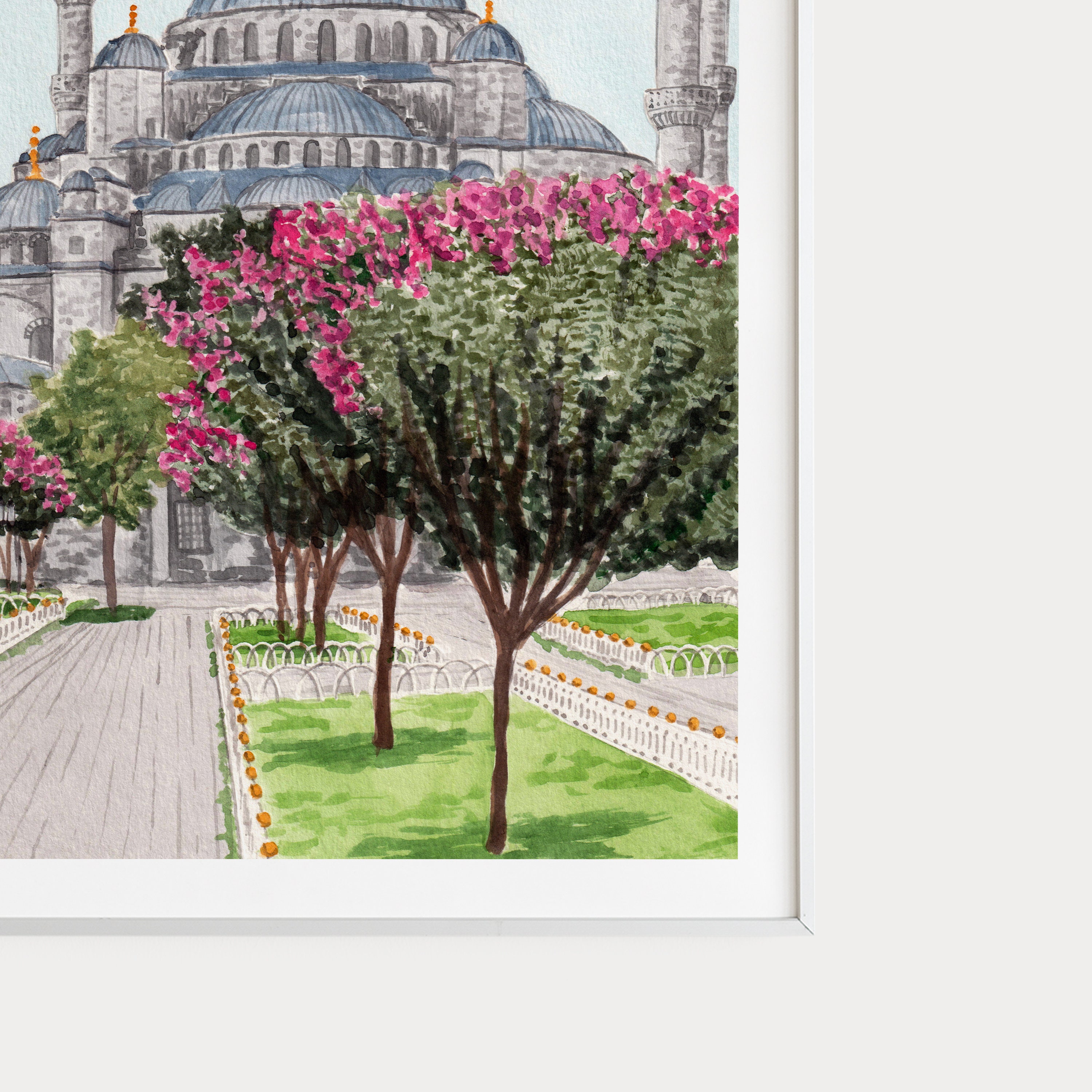 ブルーモスクの水彩画、トルコの壁画、イスタンブールの街並みの絵画