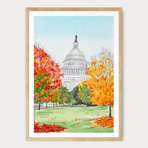 Impresión de acuarela de Washington D. C., arte mural del Capitolio de EE. UU., paisaje urbano otoñal de Washington D. C., regalo de viaje