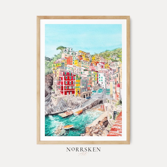 Cinque Terre Print, Italy Wall Art, Watercolor Coastal Landscape, Italian Riviera, Mediterranean Decor, Digital Download | NorrskenArt