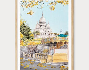 Sacre Coeur Watercolor Print, Paris Wall Art, Montmartre Paris Cityscape Painting, Parisian Home Decor