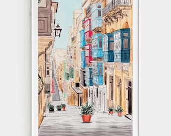 Valletta Watercolor Print, Malta Wall Art, Valletta Cityscape Painting, Maltese Home Decor, Travel Gift