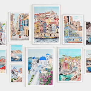 Mediterranean Set of 20 Watercolor Prints, Gallery Wall Set, Coastal Prints, Mediterranean Wall Art, Watercolor Cityscapes, Travel Gift