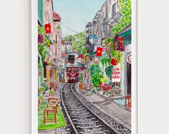 Impresión de acuarela de Hanói, arte mural de Vietnam, pintura de paisaje urbano de Vietnam, decoración del sudeste asiático