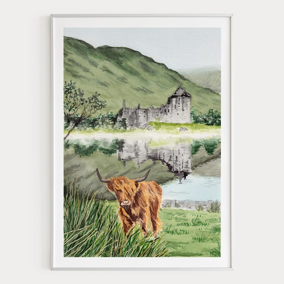 Kilchurn Castle Watercolor Print, Scotland Wall Art, Scottish Highlands Landscape Painting, Scotland Decor