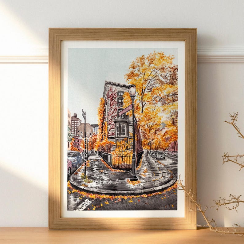 Láminas de acuarela de Nueva York, Arte mural de Nueva York, Decoración mural otoñal, Arte de Manhattan, Arte de la ciudad de Nueva York, Láminas de Nueva York, Láminas de viajes a Nueva York imagen 3