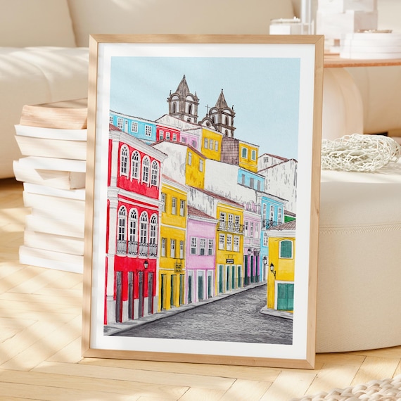 バイーアの水彩画、ブラジルの壁画、サルバドールの街並みの絵画