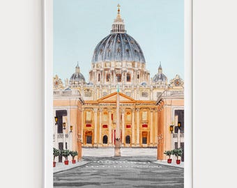 Vatican City Watercolor Print, St. Peter's Basilica, Vatican