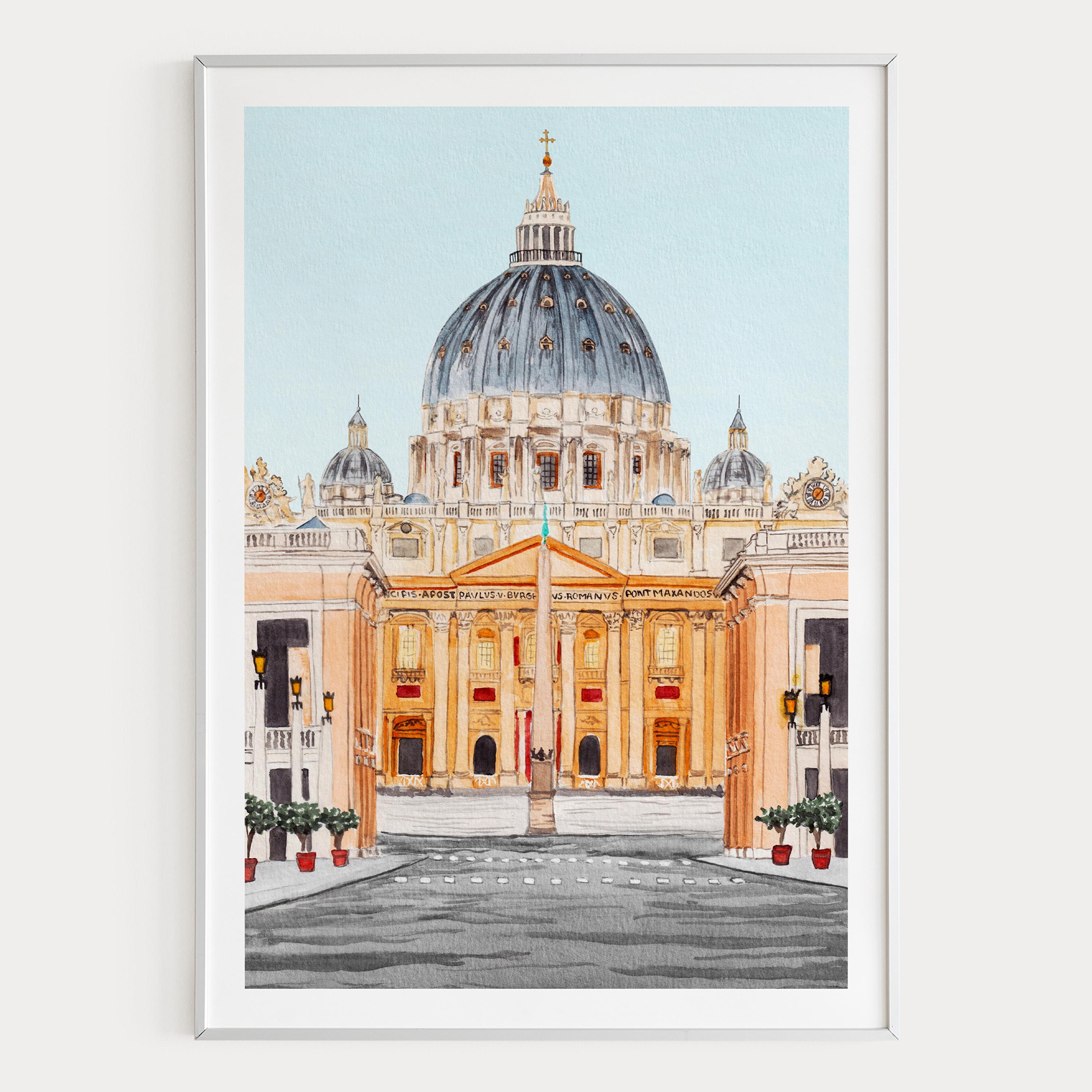 Vatican City Watercolor Print, St. Peter's Basilica, Vatican