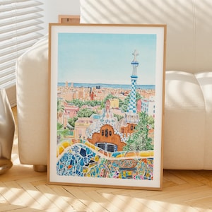 Aquarel Park Güell, kunst aan de muur Barcelona, decor Spanje, schilderij stadsgezicht Barcelona afbeelding 5