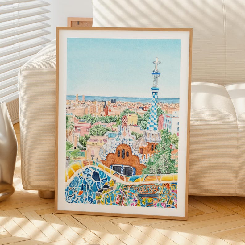 Aquarel Park Güell, kunst aan de muur Barcelona, decor Spanje, schilderij stadsgezicht Barcelona afbeelding 5
