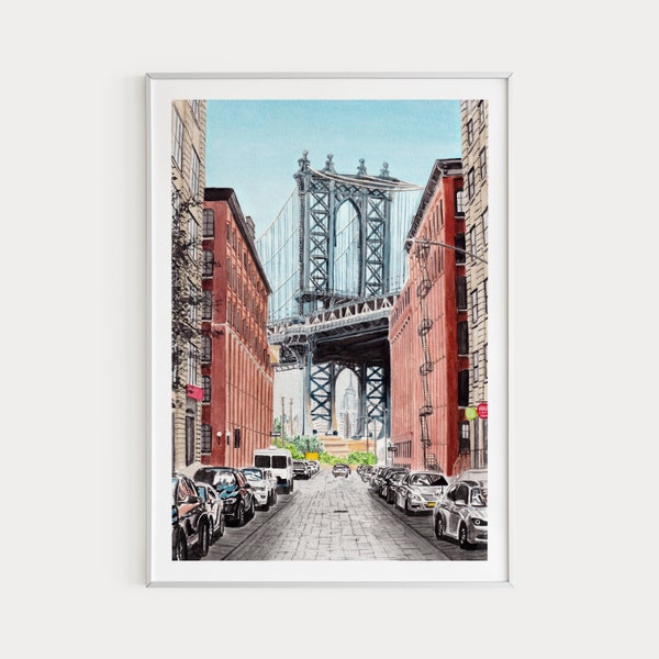 Manhattan Bridge print, New York Wall Art, Manhattan print, aquarel schilderij, New York Wall Decor, VS, New York kunst, reiscadeau