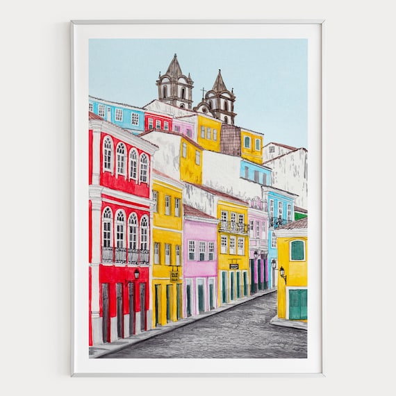 バイーアの水彩画、ブラジルの壁画、サルバドールの街並みの絵画