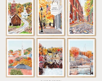 New England Wandkunst Set: Aquarell Drucke, Massachusetts Landschaft, Herbst Dekor, NorrskenArt