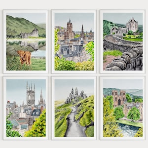 Scotland Set of 6 Watercolor Prints, Scotland Wall Art, Gallery Wall Set, Scotland Highlands, Scotland Landscape, Scotland Art, Travel Gift