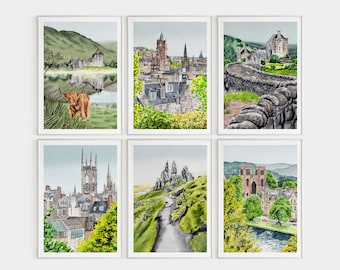 Scotland Set of 6 Watercolor Prints, Scotland Wall Art, Gallery Wall Set, Scotland Highlands, Scotland Landscape, Scotland Art, Travel Gift