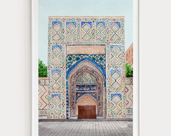 Stampa ad acquerello di Samarcanda, arte murale dell'Uzbekistan, dipinto di paesaggio urbano di Samarcanda, regalo da viaggio