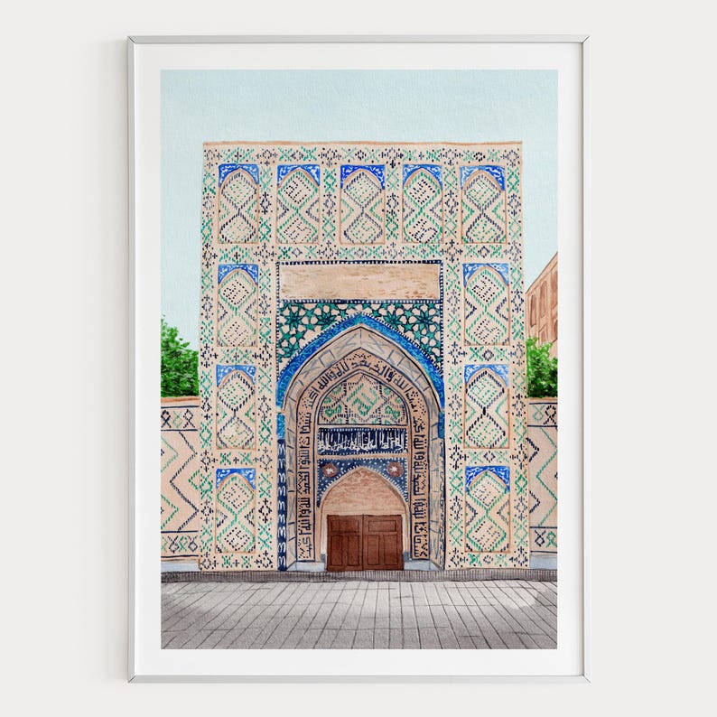 Stampa ad acquerello di Samarcanda, arte murale dell'Uzbekistan, dipinto di paesaggio urbano di Samarcanda, regalo da viaggio immagine 1