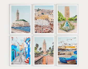 Morocco Set of 6 Watercolor Prints, Morocco Wall Art, Gallery Art Print, Moroccan Decor, Travel Gift, Moroccan Cityscapes, Morocco Art
