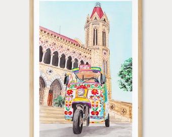 Impresión de acuarela de Karachi, arte mural de Pakistán, pintura de paisaje urbano de Karachi, decoración pakistaní, regalo de viaje