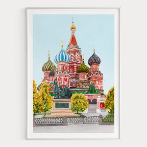 Moscow Watercolor Print, Russia Wall Art, St. Basil Cathedral Painting, Moscow Cityscape Painting, Russian Decor