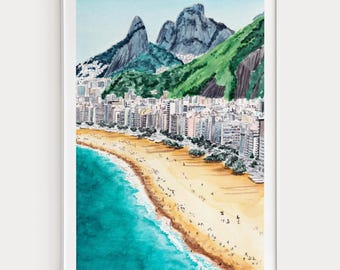 Rio De Janeiro Watercolor Print, Brazil Wall Art, Ipanema Beach Painting, Brazilian Coastal Decor