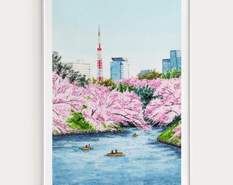 Tokyo Watercolor Print, Japan Wall Art, Tokyo Cityscape Painting, Japanese Spring Decor, Travel Gift
