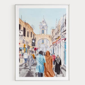 Impresión de acuarela de Trípoli, arte mural de Libia, pintura del paisaje urbano de Trípoli, decoración del norte de África